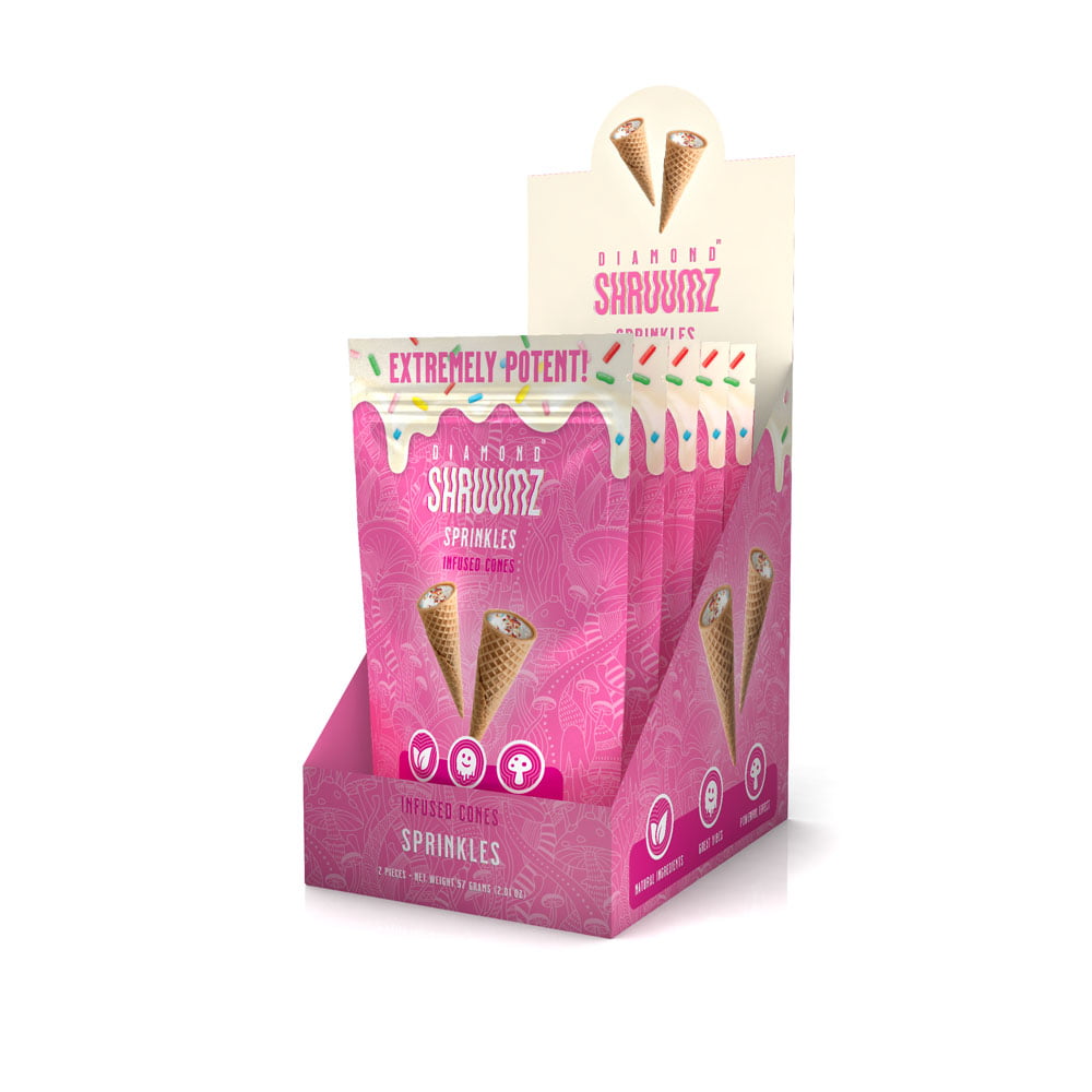 Ever been in the zone and want a cone? Those times call for something a bit more festive than plain vanilla. Add sprinkles, and boom! You got yourself a party! Our Sprinkles Infused Cones are a party in a pouch. Give me a cone or get yourself gone. Our 5-pack of Diamond Shruumz Sprinkles Infused Cones are extremely potent. They’re filled with our primo proprietary blend of nootropic and functional mushrooms to deliver great vibes and a powerful effect. Each box includes 5 2-packs that’ll have you kickin’ it old school.